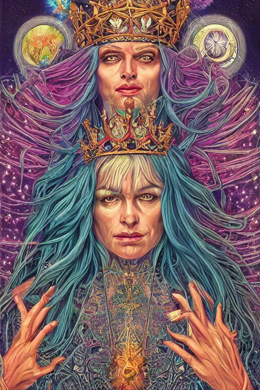 Image similar to beautiful tarot card of the queen of dreams by dan mumford and carol bak and alex grey, oil on canvas, intricate, border, symmetrical, portrait, 8k highly professionally detailed, HDR, CGsociety