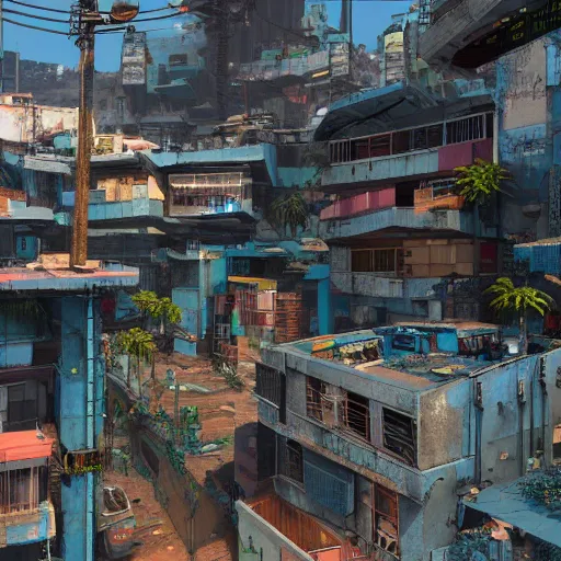 Prompt: a cyberpunk favela