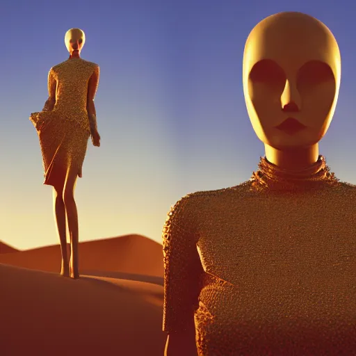 Image similar to avant-garde art, deco fashion, highly detailed, photorealistic portrait, serene desert setting, golden hour, crisp quality and light reflections, unreal engine 5 quality render