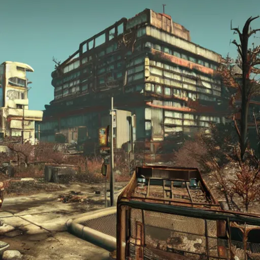 Image similar to Osaka in ruins post-nuclear war in Fallout 4, in game screenshot