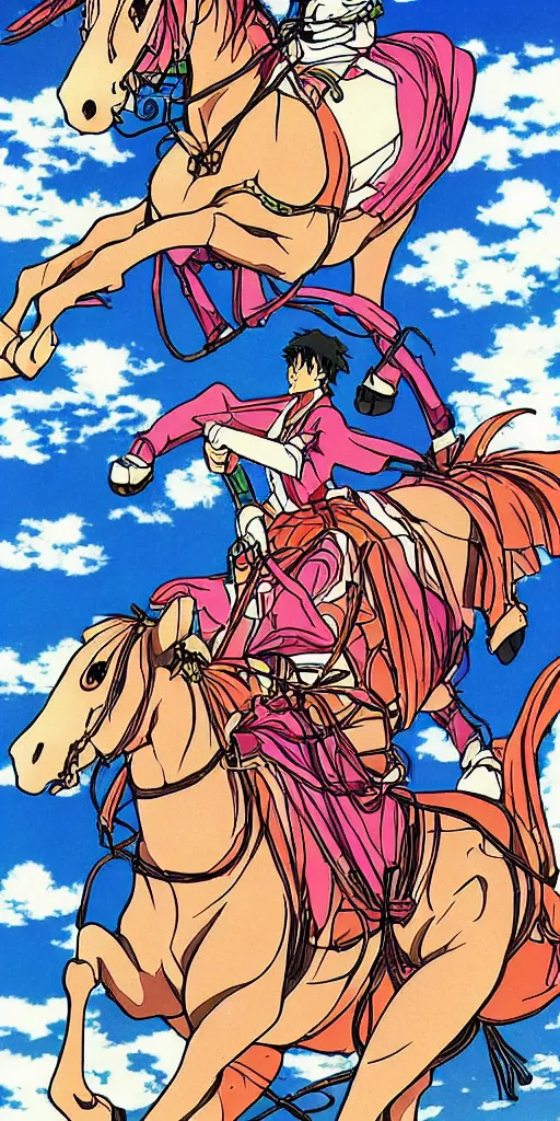 Prompt: a chariot drawn by horse in japan, 1990s anime, full color,