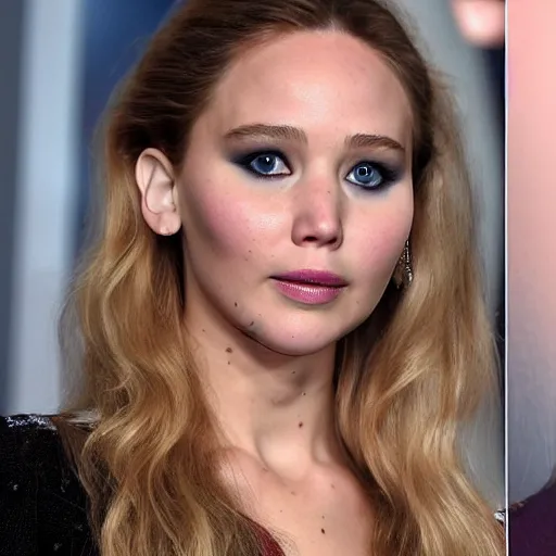 Image similar to a woman who is a genetic combination of jennifer lawrence and elizabeth olsen face and upper - body focus