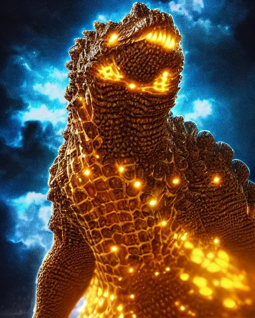 Prompt: beautiful godzilla as honey, made of honey, wearing honey - themed miniskirt, award winning creature portrait photography, extremely detailed, artstation, 8 k, sensual lighting, incredible art, wlop, artgerm, backlit, rim lighting, hi - fructose