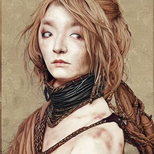 Image similar to portrait of a Shibari rope wrapped face and neck, headshot, insanely nice professional hair style, dramatic hair color, digital painting, of a old 15th century, old cyborg merchant, amber jewels, baroque, ornate clothing, scifi, realistic, hyperdetailed, chiaroscuro, concept art, art by Franz Hals and Jon Foster and Ayami Kojima and Amano and Karol Bak,