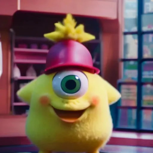 Image similar to a film still of baby sponge bob in detective pikachu