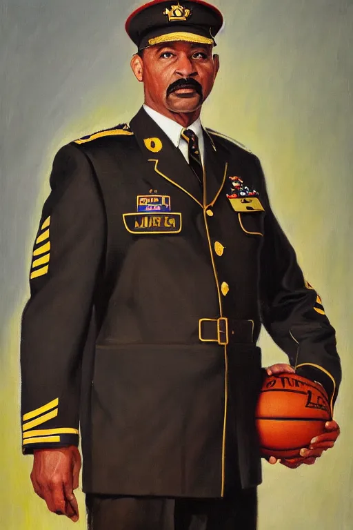 Image similar to full body portrait of the dictator of the los angeles lakers, 1 9 5 5, in full military garb, oil on canvas by william sidney mount, trending on artstation