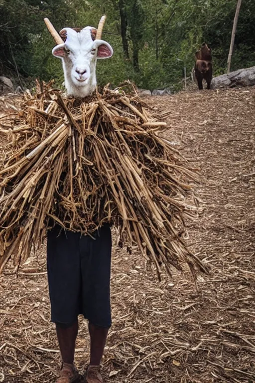 Image similar to a goatman wearing clothes made of leaves and holding a bundle of sticks