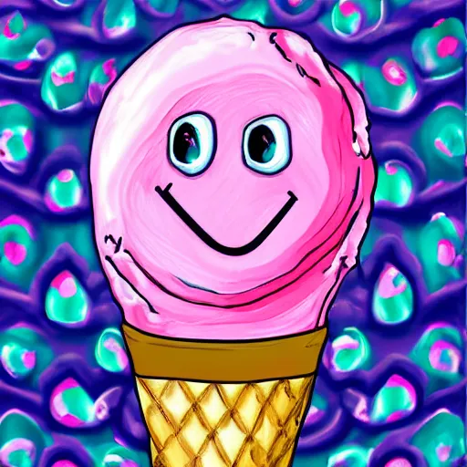 Image similar to happy smiling pink ice cream cone, blue waffle cone digital painting, intricate, high definition