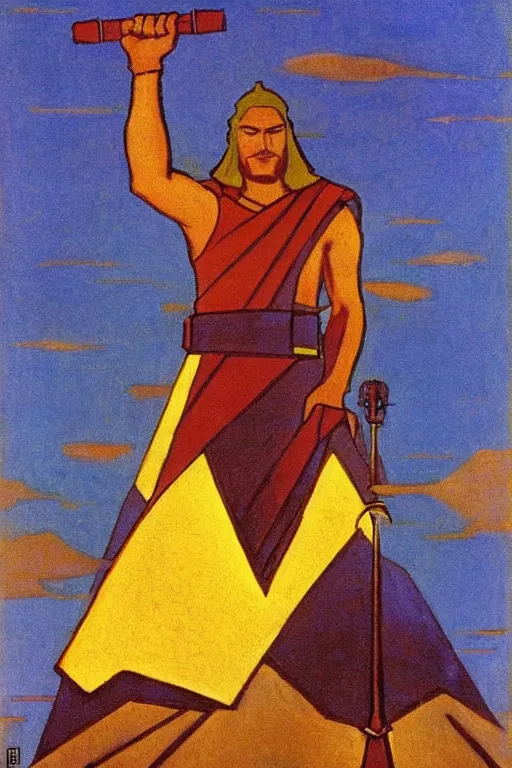 Image similar to thor holding the hammer, marvel, artwork by nicholas roerich,