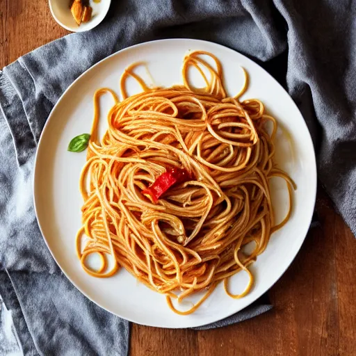 Prompt: a plate of spaghetti that is filled with whole garlic cloves, cookbook photo