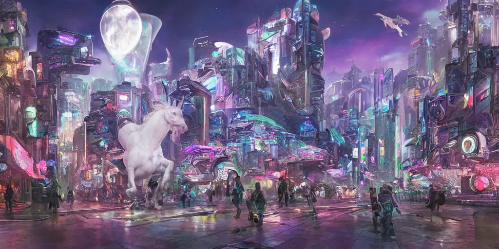 Prompt: futuristic cyberpunk town with unicorn in the middle. By Konstantin Razumov, highly detailed