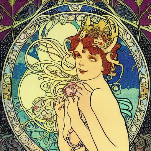 Prompt: princess fairy creating planets, art nouveau by Mucha, beautiful detailed illustration