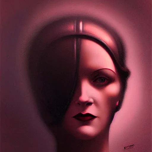 Image similar to concept portrait of woman from 2 0 s decade of xx century, dark atmosphere, lovecraftian background, lynchian atmosphere, film noir, concept art, art by kuvshinov ilya and zdislav beksinski and wayne barlowe and hans giger