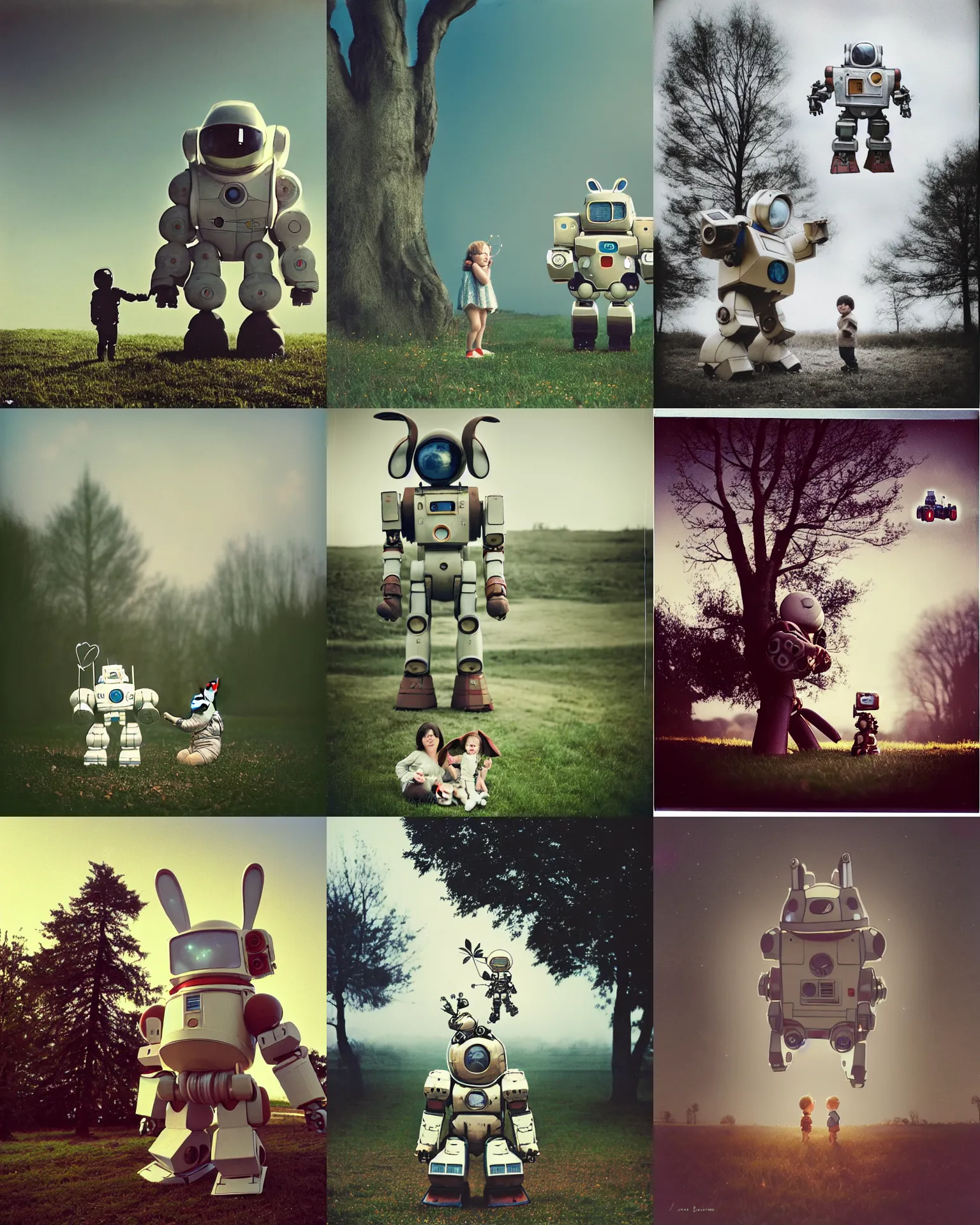 Prompt: giant oversized baby cute chubby battle robot mech with giant rabbit ears s as giant baby astronaut on village, Cinematic focus, small tree in far background, Polaroid photo, vintage, neutral colors, soft lights, foggy ,by Steve Hanks, by Serov Valentin, by lisa yuskavage, by Andrei Tarkovsky