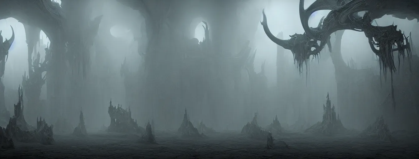 Image similar to dark fantasy throne, inside the satan's hall, demon guards, ethereal, ominous, misty, volumetric lighting 8 k, cryengine, by h. r. giger and zdizslaw beksinski, elden ring