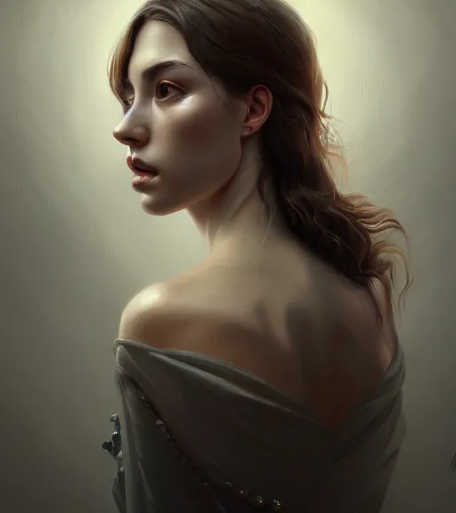 Image similar to portrait of a woman in heightened detail, poised, intense emotion, detailed facial expression, detailed surroundings, intricate, elegant, highly detailed, centered, digital painting, artstation, concept art, smooth, sharp focus, illustration, by tree, wlop