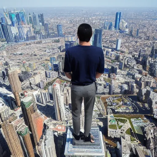 Prompt: Man looking down from the tallest building in the world