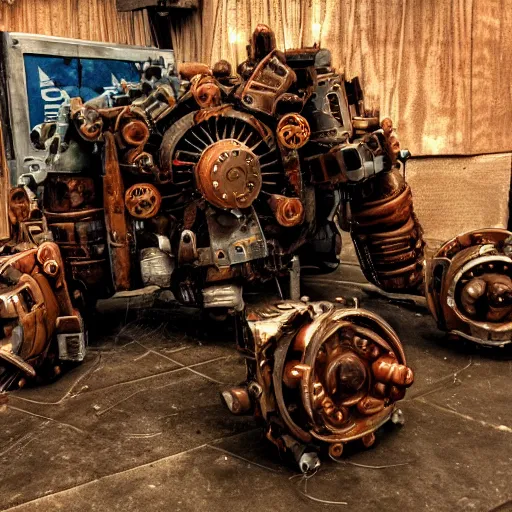 Image similar to photo of a rusted metal war machine from the distant future