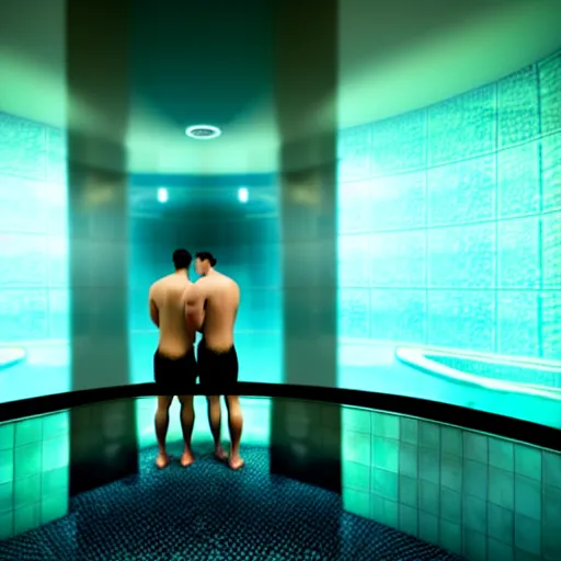 Prompt: two guys in the steam room. super realistic 8 k render of a elegant, cinematic composition