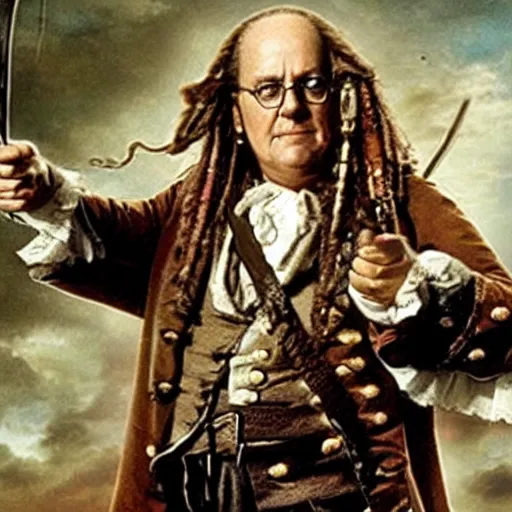 Prompt: movie still of benjamin franklin in pirates of the caribbean