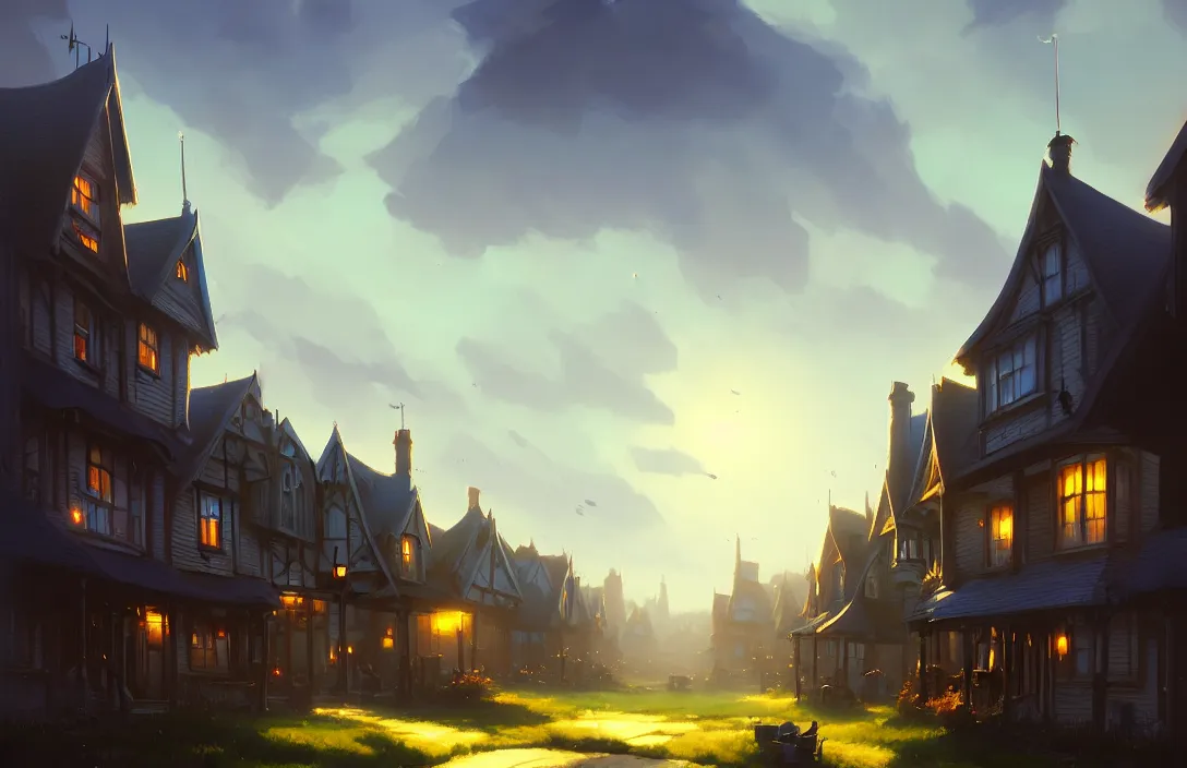 Image similar to victorian village green, small houses, blue sky, fantasy, concept art, low angle, highly detailed, warm lighting, volumetric, godrays, vivid, trending on artstation, by jordan grimmer, greg rutkowski