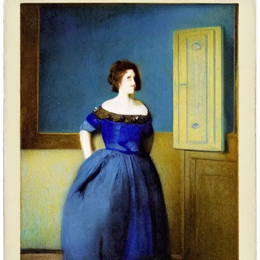 Image similar to an elegant girl in a liminal abandoned room, blue and gold, old polaroid by goya, by pontormo, digital painting, jugendstil, art noveau, strong lights, flat colors, pastel colors, highly detailed,