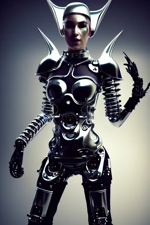 Image similar to female chrome futuristic cyborg with curved metal horns, chrome motorcycle parts, full body, machine background, 3d render, octane, 8k, volumetric lighting, hyper-realistic, dark fantasy, diffuse lighting, intricate, highly detailed, lifelike, photorealistic, digital painting, trending on artstation, smooth, sharp focus, art by John Collier and Albert Aublet and Krenz Cushart and Artem Demura and Alphonse Mucha