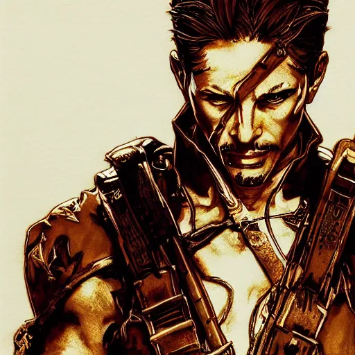 Image similar to portrait of a hero holding his sword in front of his face by yoji shinkawa, high quality, extra details, realism, ornate, colored, golden chain, blood, white skin, short hair, brown eyes, vivid, sunlight, dynamic, american man, freedom, white american soldier, ball point pen