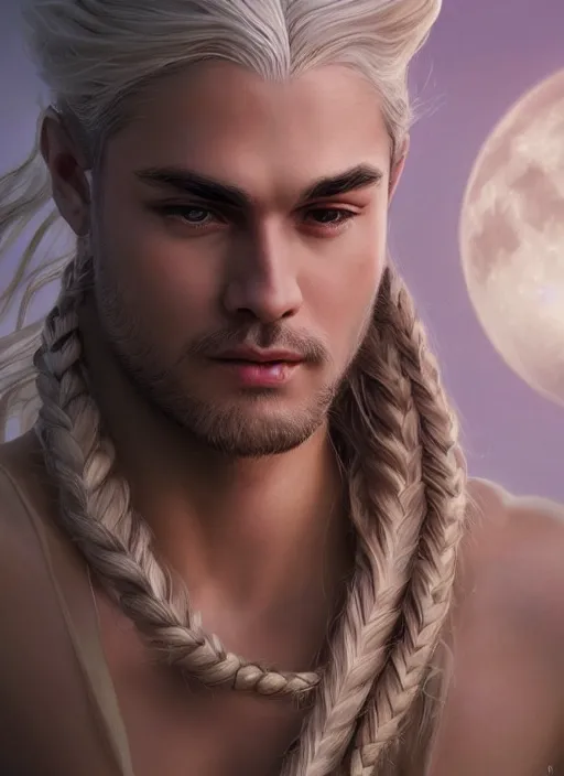 Prompt: god of the moon, male, 3 / 4 portrait, long braided ash blonde hair, elegant, super detailed, very ornate, by artgerm, greg rutkowski, artstation, 8 k, sharp focus, cinematic, octane render