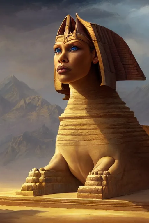 Image similar to legendary sphinx, highly detailed, d & d, fantasy, highly detailed, digital painting, trending on artstation, concept art, sharp focus, illustration, global illumination, ray tracing, realistic shaded, art by artgerm and greg rutkowski and fuji choko and viktoria gavrilenko and hoang lap, sunny