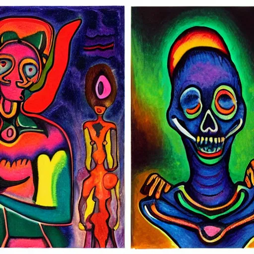 Prompt: In the center of the body art is a large gateway that seems to lead into abyss of darkness. On either side of the gateway are two figures, one a demon-like creature, the other a skeletal figure. holography, in the tundra by Alexej von Jawlensky, by Lisa Frank sinister