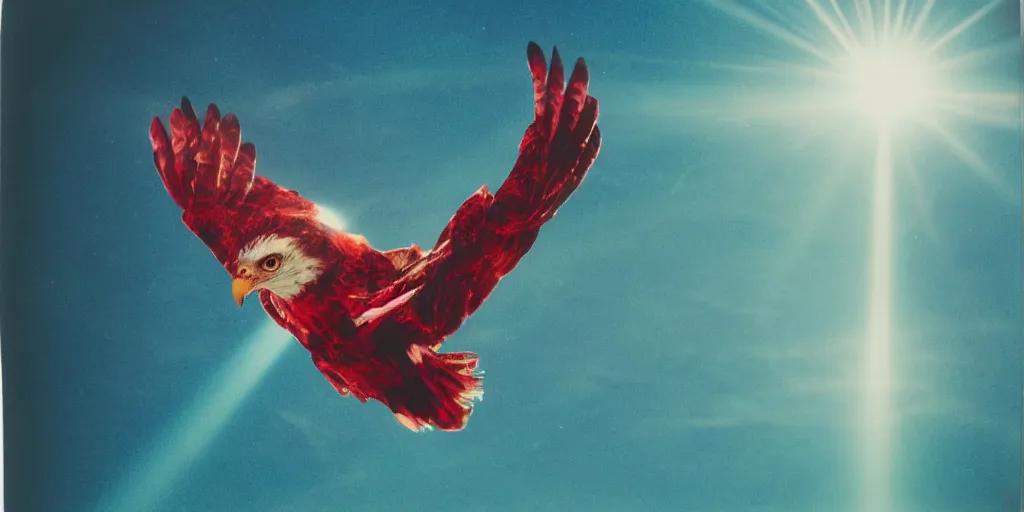 Prompt: analog polaroid photograph of a kling bird of prey from star trek flying above the ocean, seen from above, drone footage, bright sun reflection in the water, lensflare, film grain, azure tones, red color bleed