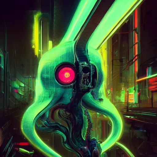 Image similar to portrait of a squid monster. intricate abstract. cyberpunk, intricate artwork. neon eyes, by Tooth Wu, wlop, beeple. octane render, trending on artstation, greg rutkowski very coherent symmetrical artwork. cinematic, hyper realism, high detail, octane render, 8k, minimalistic, hyperrealistic surrealism, award winning masterpiece with incredible details, a surreal vaporwave liminal space, highly detailed, trending on ArtStation