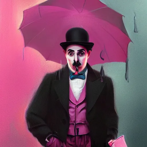 Image similar to a portrait of charlie chaplin, rainy background, pink bright art masterpiece artstation. 8 k, sharp high quality artwork in style of jose daniel cabrera pena and greg rutkowski, concept art by tooth wu, hearthstone card game artwork.