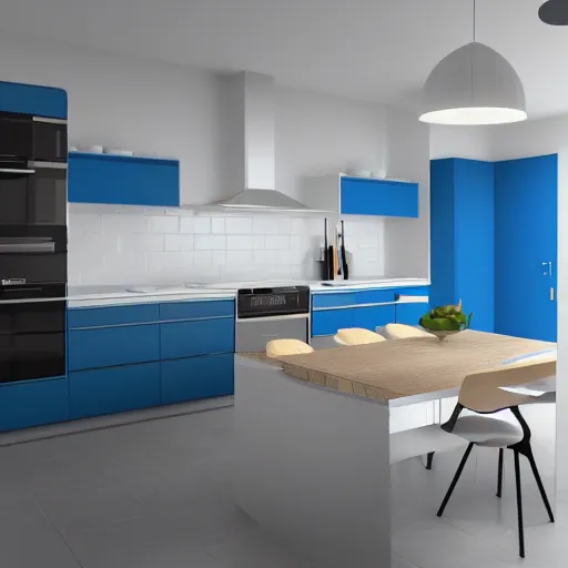 Image similar to interior of a modern minimal kitchen, blue color scheme, photorealist, 4 k