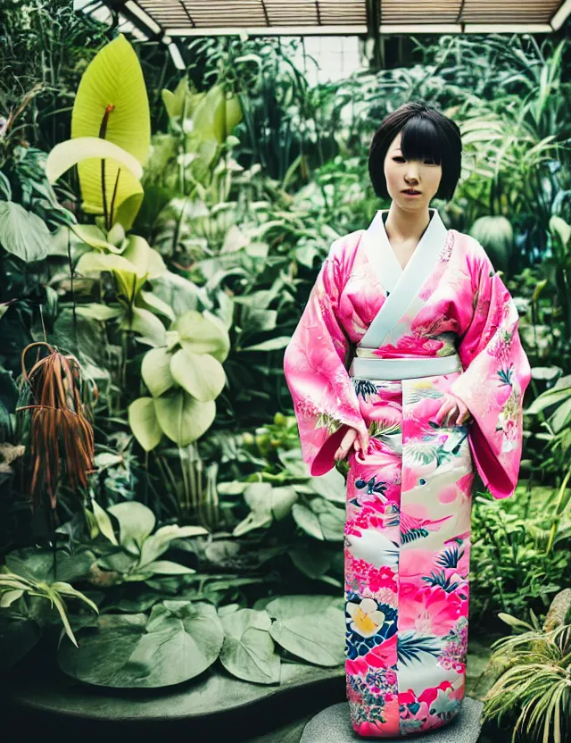 Prompt: photograph of a beautiful Japanese woman wearing a pretty kimono in a tropical greenhouse, by Annie Leibowiz, by Alessio Albi, extremely detailed, large format camera, Fuji Pro 400h, bokeh, blurred background, photorealistic, trending on instagram