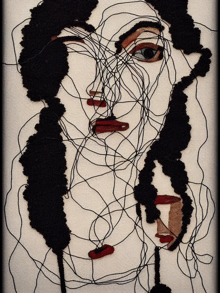 Prompt: elegant wire art portrait of an artist, influenced by egon schiele. minimalist artwork full of human emotional expression and personality, powerful gaze, dramatic.