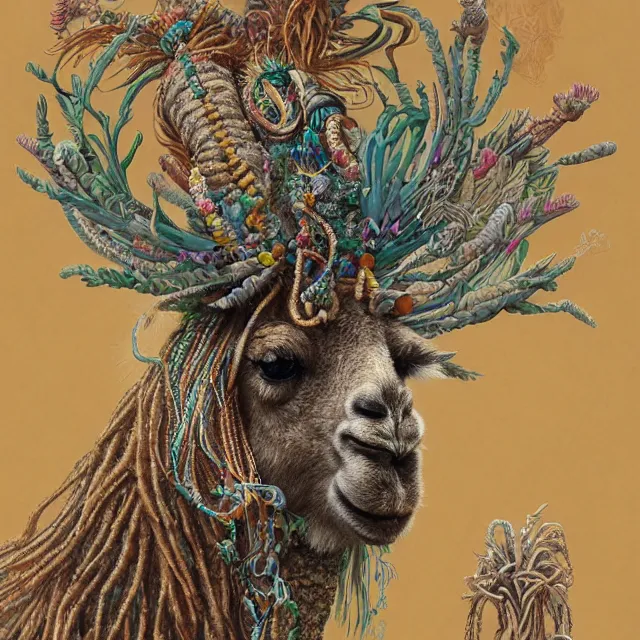 Image similar to llama with dreadlocks, by mandy jurgens, ernst haeckel, james jean. in the style of aqua