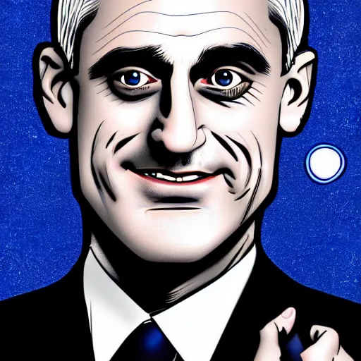 Prompt: digital illustration of secretary of denis mcdonough face with glowing eyes, cover art of graphic novel, eyes replaced by glowing lights, glowing eyes, flashing eyes, balls of light for eyes, evil laugh, menacing, Machiavellian puppetmaster, villain, clean lines, clean ink