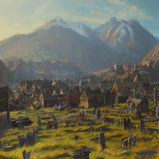 Image similar to the town of whiterun, oil painting