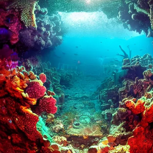 Prompt: treasure hidden under the coral in the ocean shipwreck, beautiful composition, wide angle, colorful, cinematic, volumetric lighting, intricate details painting