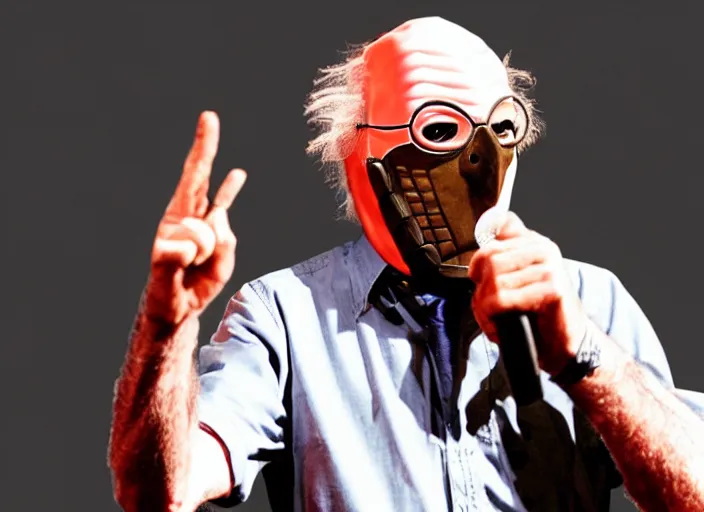 Image similar to publicity photo still of larry david wearing a slipknot mask touring with slipknot live on stage, 8 k, live concert lighting, mid shot