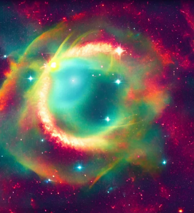 Prompt: a telescope view of a wormhole absorbing a nebula, vintage sci - fi, 4 k