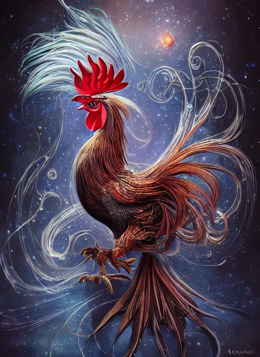 Image similar to a wlop 3 d render of very very very very highly detailed beautiful mystic portrait of a phantom undead rooster with whirling galaxy around, tattoos by anton pieck, intricate, extremely detailed, digital painting, artstation, concept art, smooth, sharp focus, illustration, intimidating lighting, incredible art,