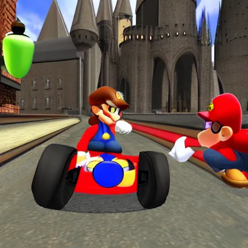 Image similar to Harry Potter in Mario Kart, gameplay screenshot,