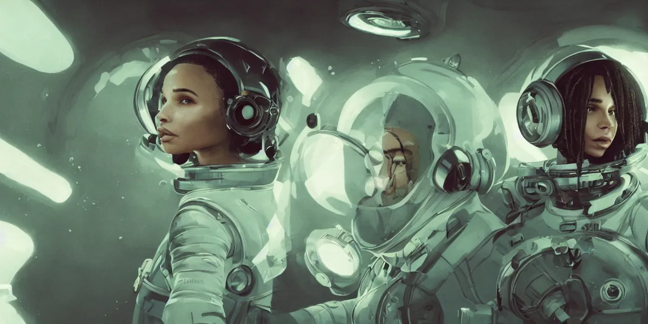 Image similar to Zoe Kravitz with short hair as a retro astronaut, helmet with led lights, alone underwater in the ocean at night, clear water, glowing bubbles, volumetric lighting, glowing lights, 4k, octane, unreal engine, digital painting, artstation, concept art, high contrast, high saturation , cinematic film still, sharp focus, illustration, art by Christopher Nolan and artgerm and greg rutkowski and alphonse mucha , wide angle view, full body