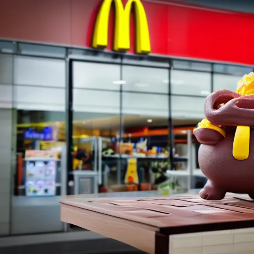 Image similar to Budai working at McDonalds, photography, 8K