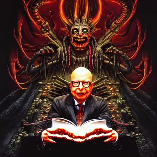 Image similar to uhd photorealistic dark scifi illustration of klaus schwab at a demonic altar, reading the necronomicon, wearing bizarre voodoo makeup. cinematic lighting, intricate voodoo makeup, in the style of akira toriyama, beksisnski, amano and karol bak, evil, fantasy, hyperdetailed.