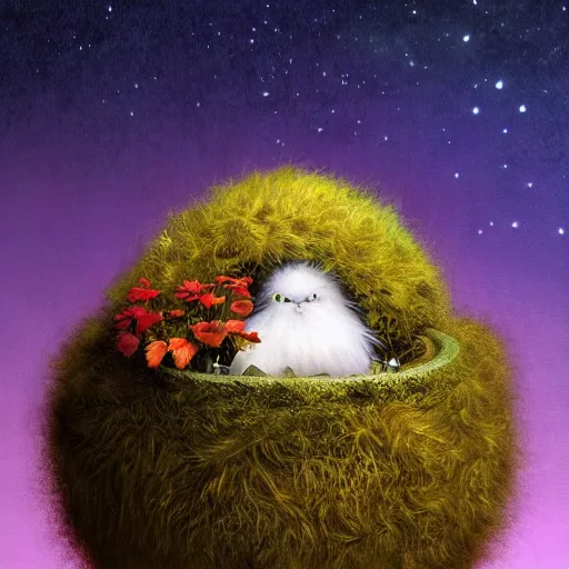 Image similar to long shot of a very fluffy furry alien chick nesting in a floral cup, esao andrews, by m. w. kaluta, humorous illustration, hyperrealistic, tilt shift, warm colors, night scenery, low light, 3 d octane render, 4 k, volumetric lights, smooth, cosy atmosphere, conceptart, hyperdetailed, trending on deviantart