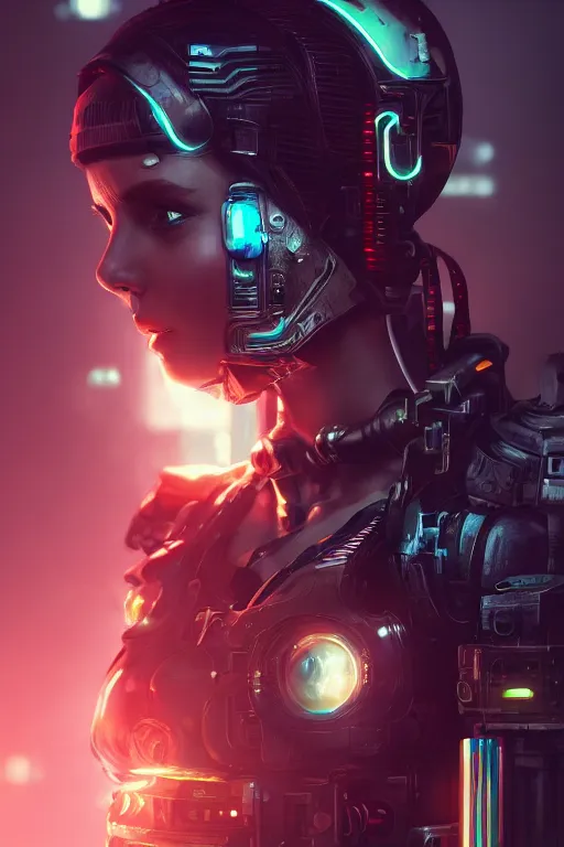 Prompt: beautiful portrait of a cyborg mercenary girl, art by wlop, liam wong, cyberpunk, neon, combat armor, head and shoulders, intricate details, trending on artstation, sharp focus, caustics, octane render, radiant light, 4 k